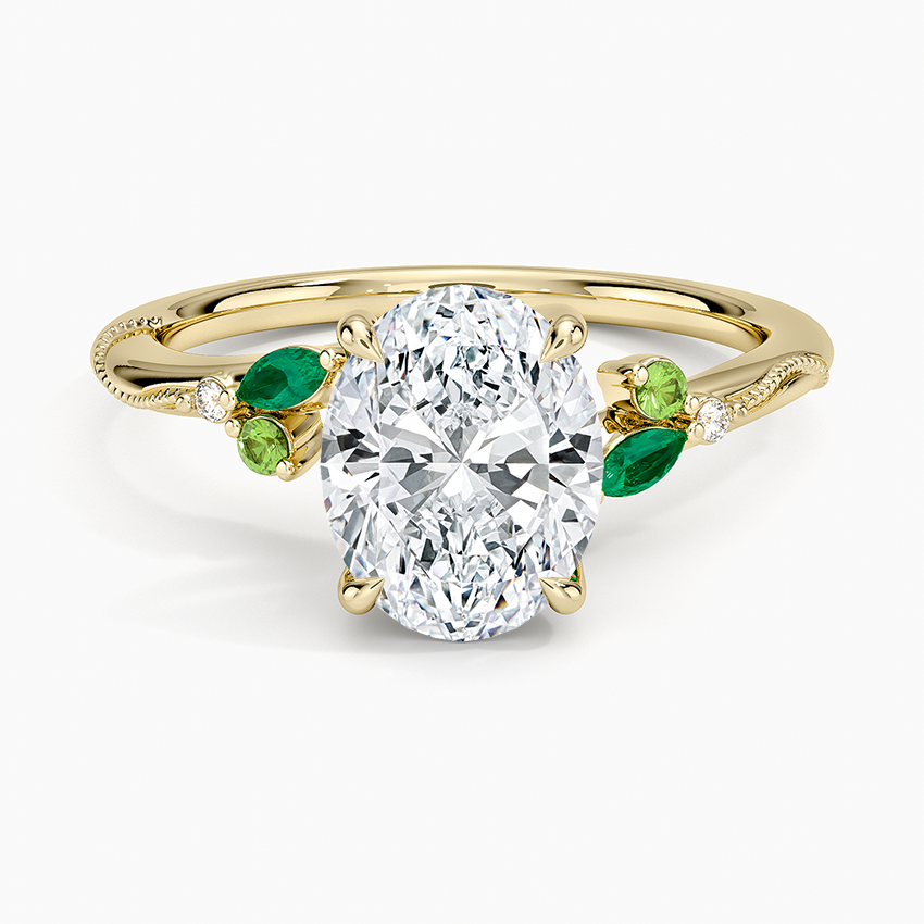 Camellia Milgrain Green Gemstone and Diamond Ring Platinum Oval Engagement Ring