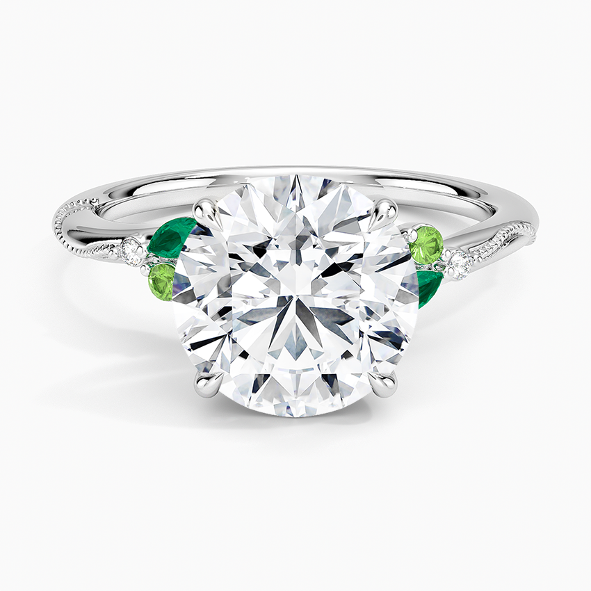 Camellia Milgrain Green Gemstone and Diamond Ring Platinum Round Engagement Ring