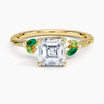 Camellia Milgrain Green Gemstone and Diamond Ring Yellow Gold 18k Asscher Engagement Ring