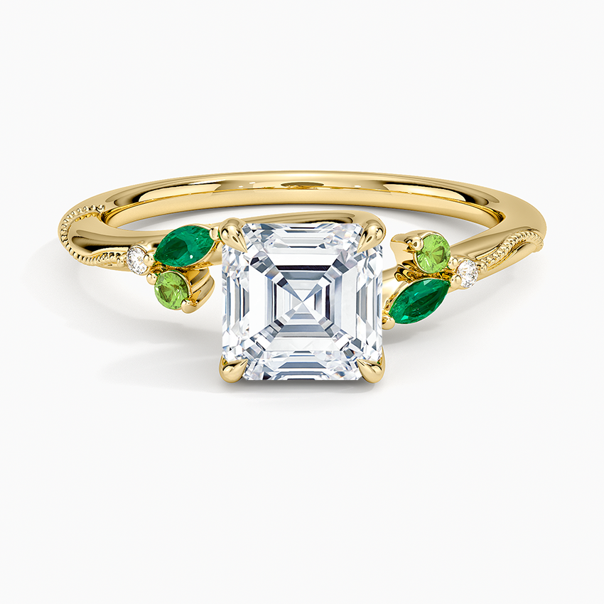 Camellia Milgrain Green Gemstone and Diamond Ring Yellow Gold 18k Asscher Engagement Ring