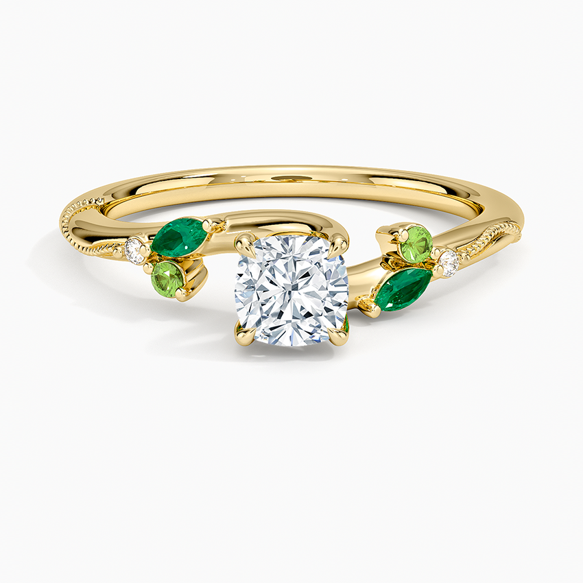 Camellia Milgrain Green Gemstone and Diamond Ring Yellow Gold 18k Cushion Engagement Ring