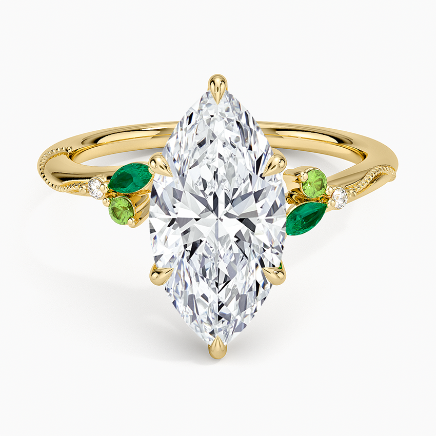 Camellia Milgrain Green Gemstone and Diamond Ring Yellow Gold 18k Marquise Engagement Ring