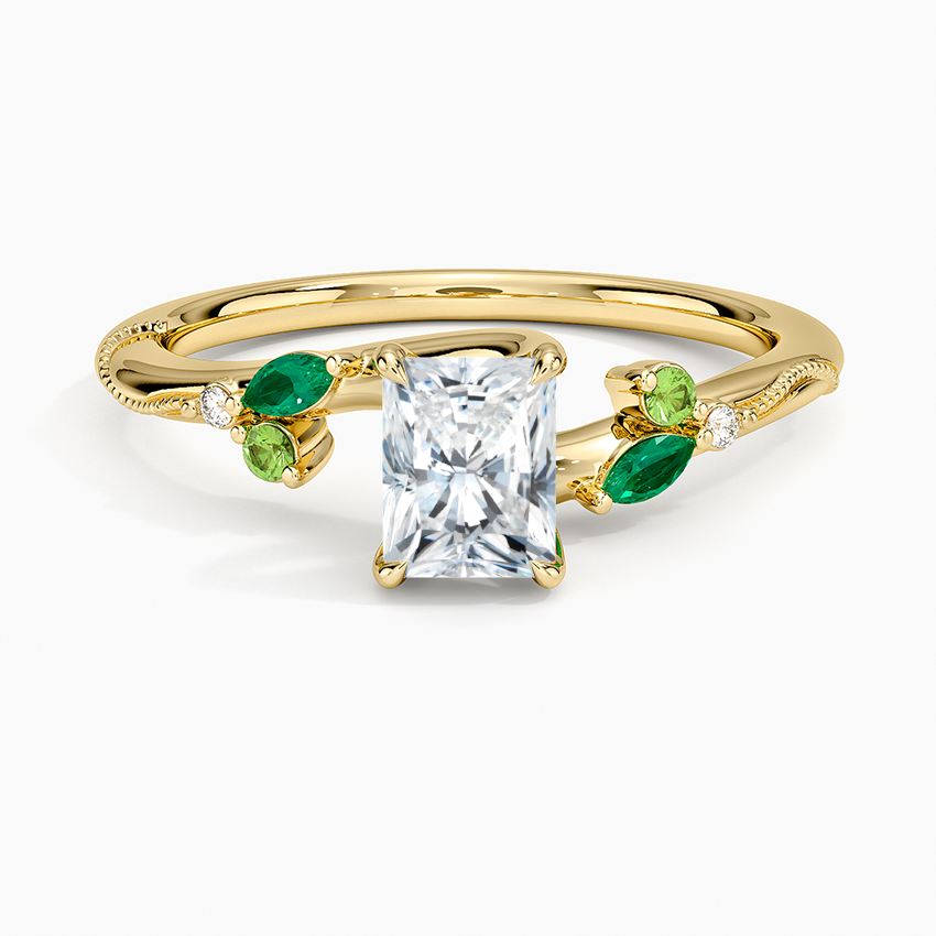 Camellia Milgrain Green Gemstone and Diamond Ring Yellow Gold 18k Radiant Engagement Ring