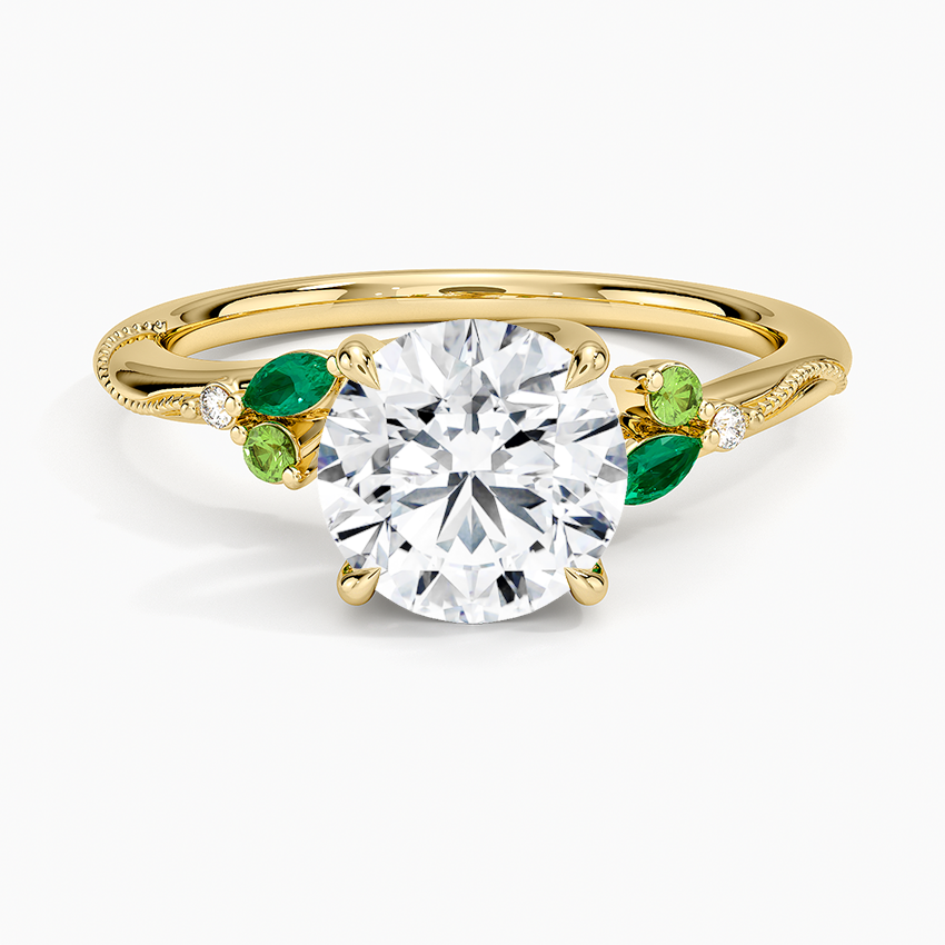 Camellia Milgrain Green Gemstone and Diamond Ring Yellow Gold 18k Round Engagement Ring