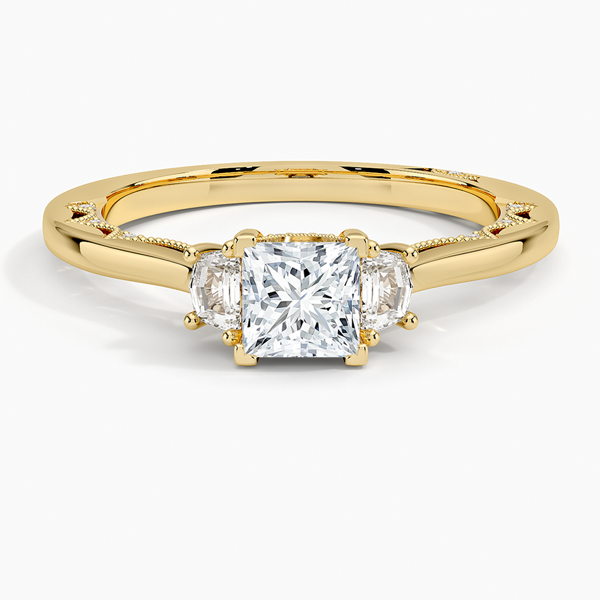Tacori Lunetta Crescent Three Stone Diamond Ring Yellow Gold 18k Princess Engagement Ring
