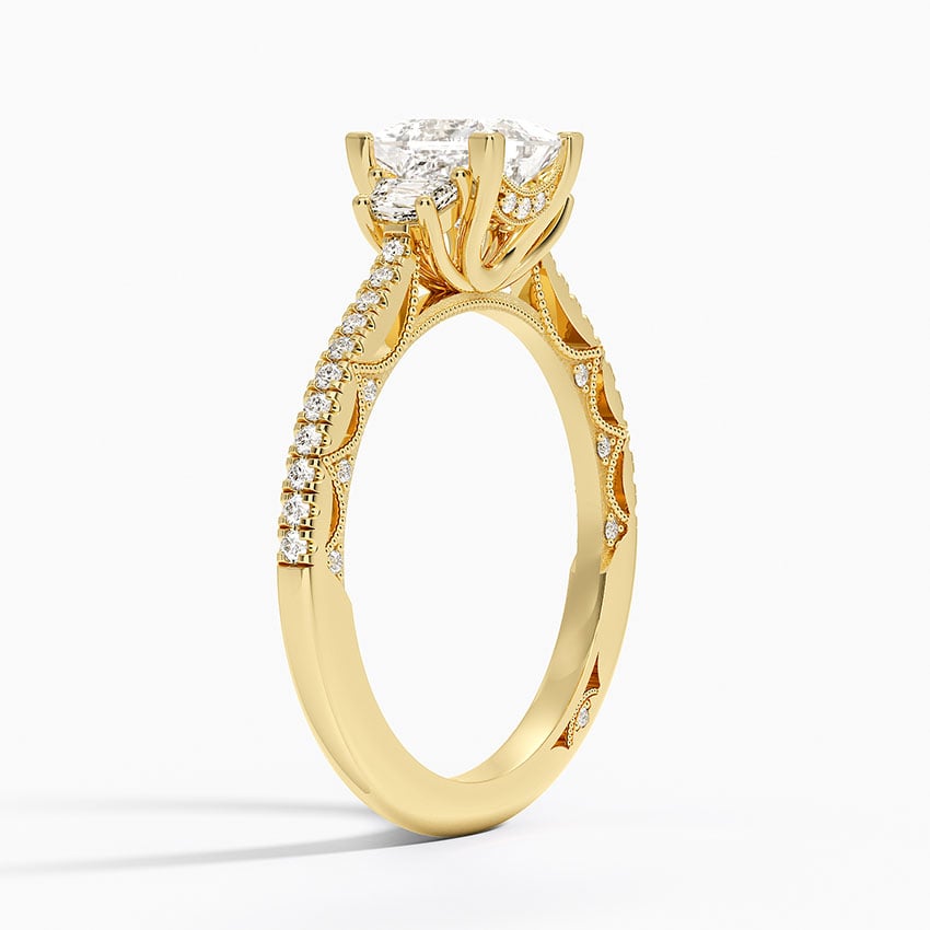 Tacori Lunetta Crescent Pavé Three Stone Diamond Ring Yellow Gold 18k Princess Engagement Ring