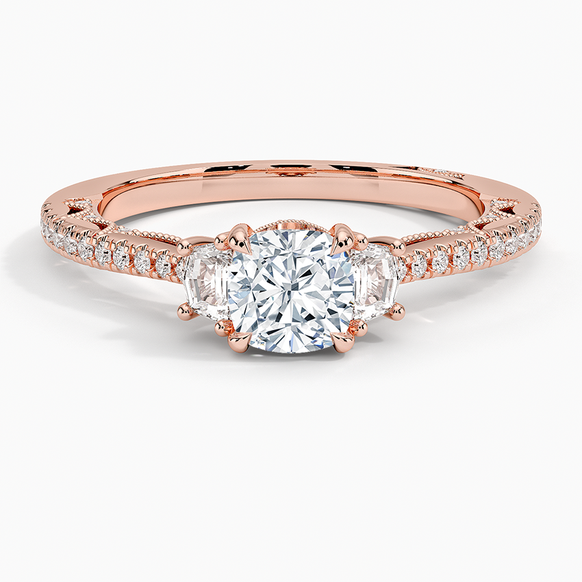 Tacori Lunetta Crescent Pavé Three Stone Diamond Ring Rose Gold 18k Cushion Engagement Ring