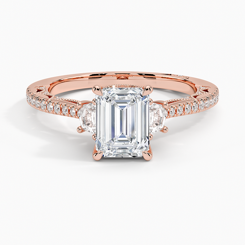 Tacori Lunetta Crescent Pavé Three Stone Diamond Ring Rose Gold 18k Emerald Engagement Ring