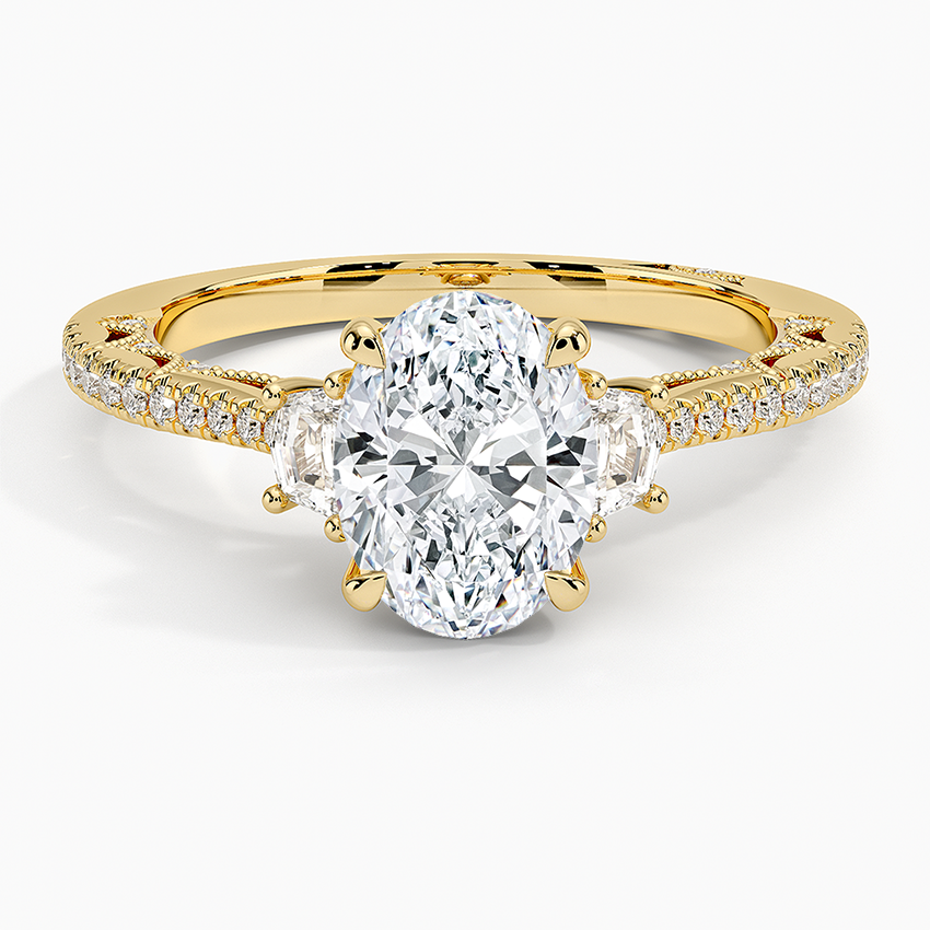 Tacori Lunetta Crescent Pavé Three Stone Diamond Ring Yellow Gold 18k Oval Engagement Ring