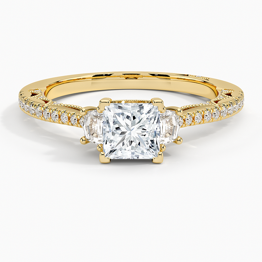 Tacori Lunetta Crescent Pavé Three Stone Diamond Ring Yellow Gold 18k Princess Engagement Ring