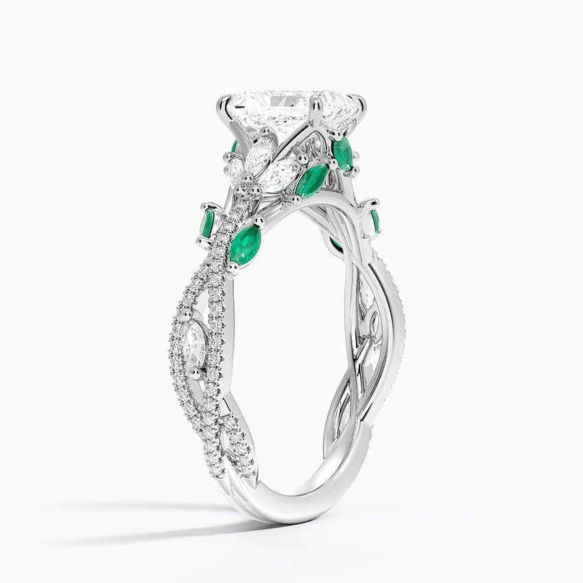 Luxe Secret Garden Lab Emerald and Diamond Ring Platinum Radiant Engagement Ring