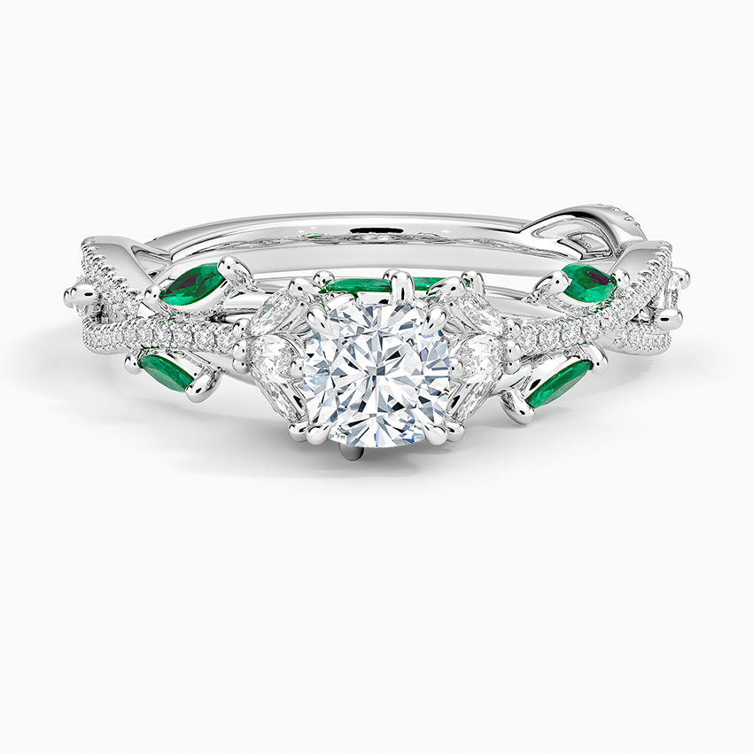 Luxe Secret Garden Lab Emerald and Diamond Ring Platinum Cushion Engagement Ring