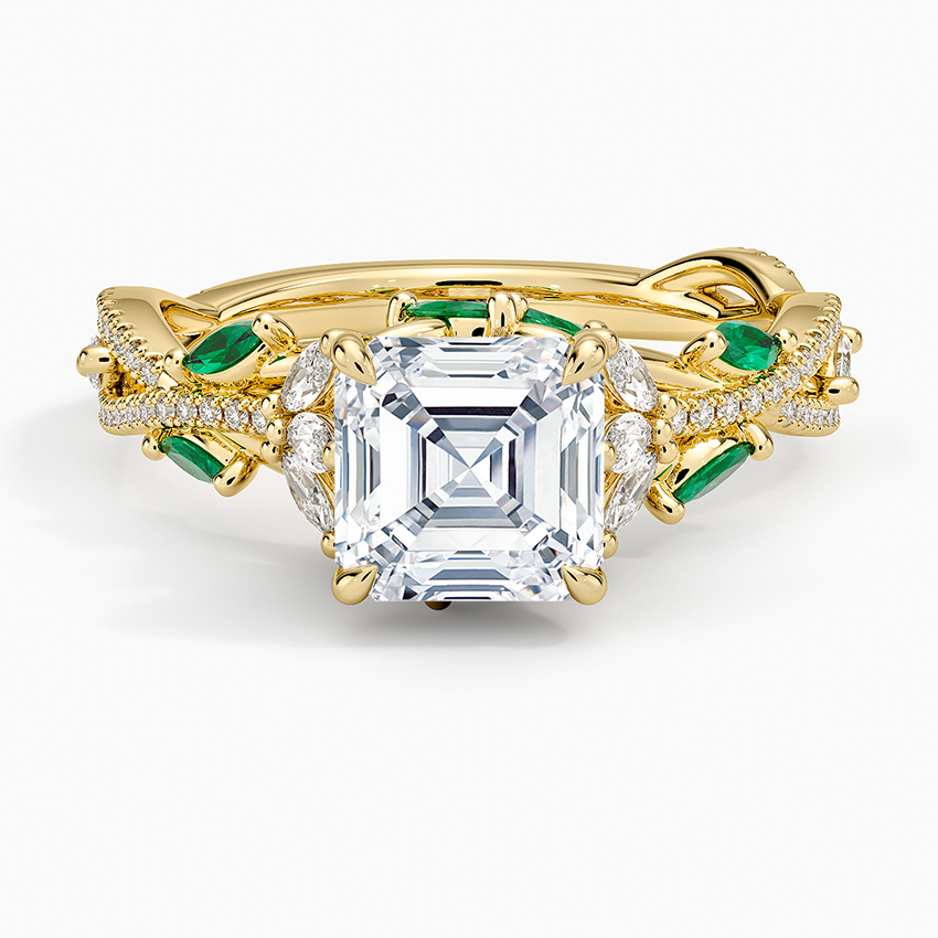 Luxe Secret Garden Lab Emerald and Diamond Ring Yellow Gold 18k Asscher Engagement Ring