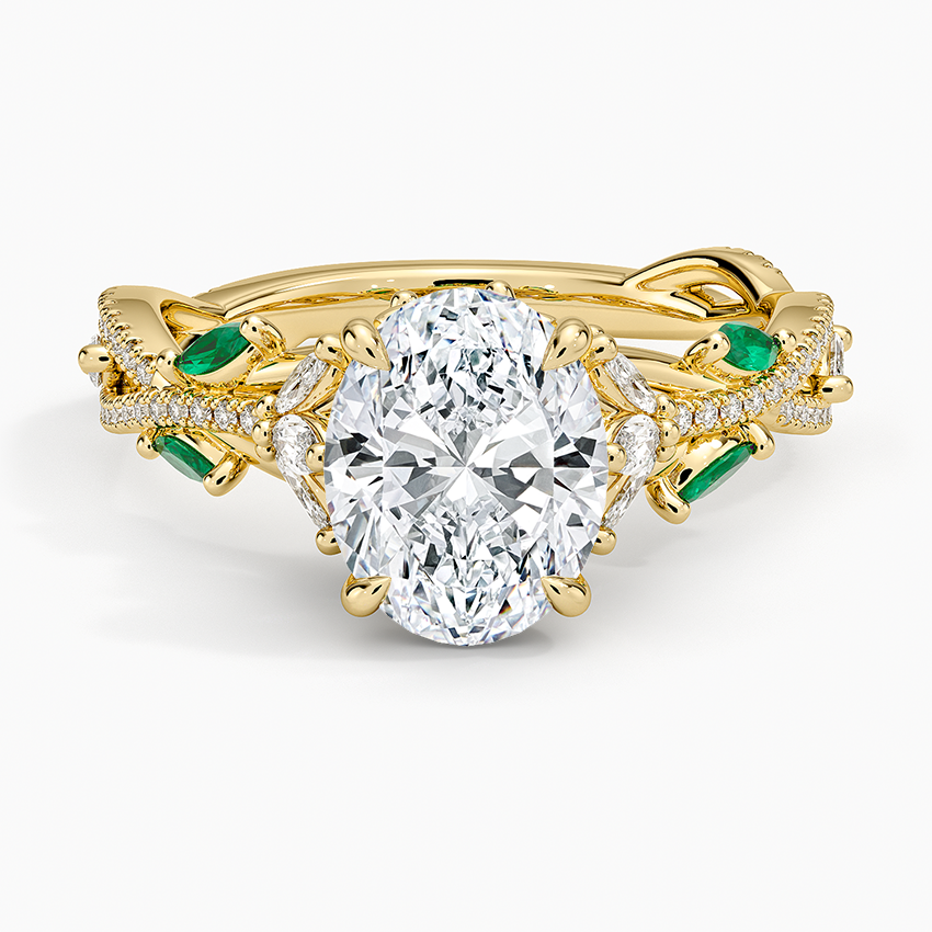 Luxe Secret Garden Lab Emerald and Diamond Ring Yellow Gold 18k Oval Engagement Ring