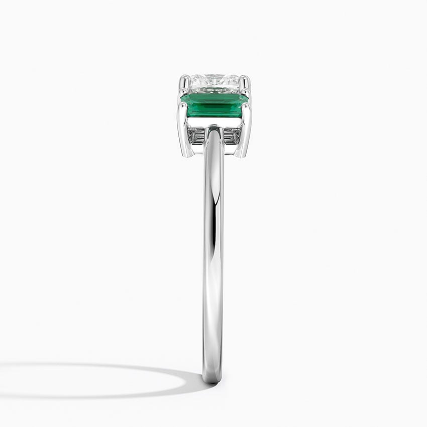 Luxe Rhiannon Three Stone Lab Emerald Ring Platinum Cushion Engagement Ring