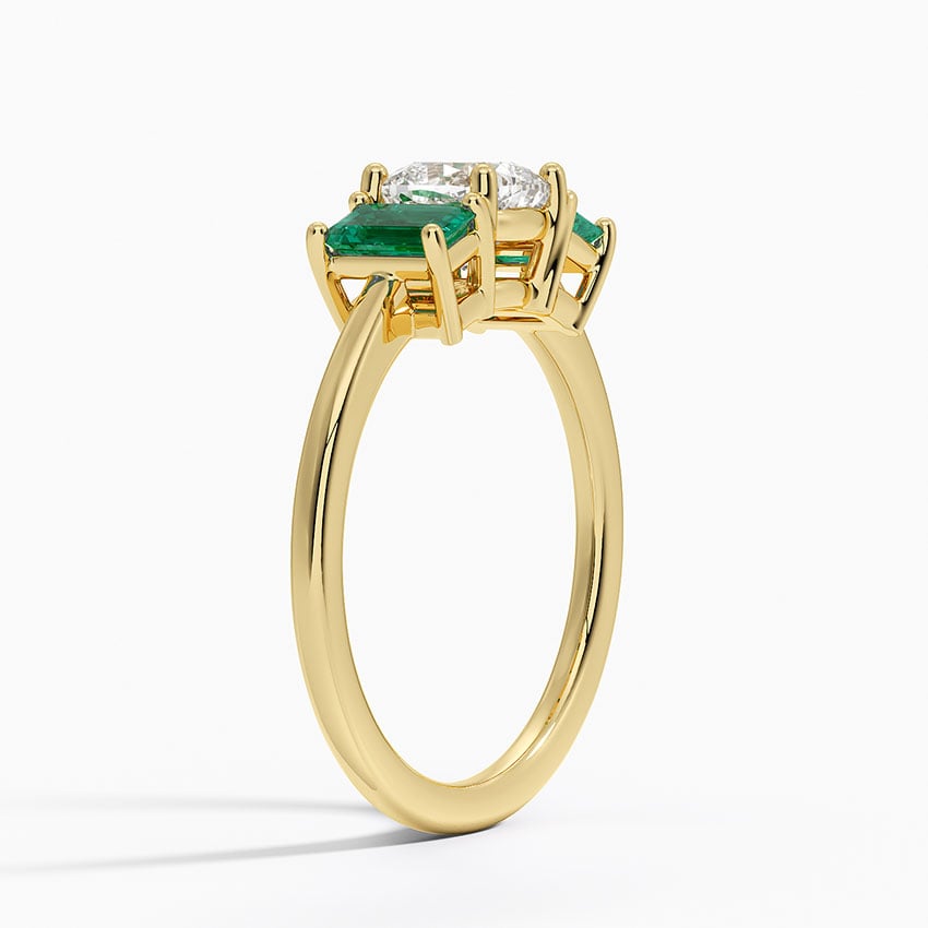 Luxe Rhiannon Three Stone Lab Emerald Ring Yellow Gold 18k Cushion Engagement Ring