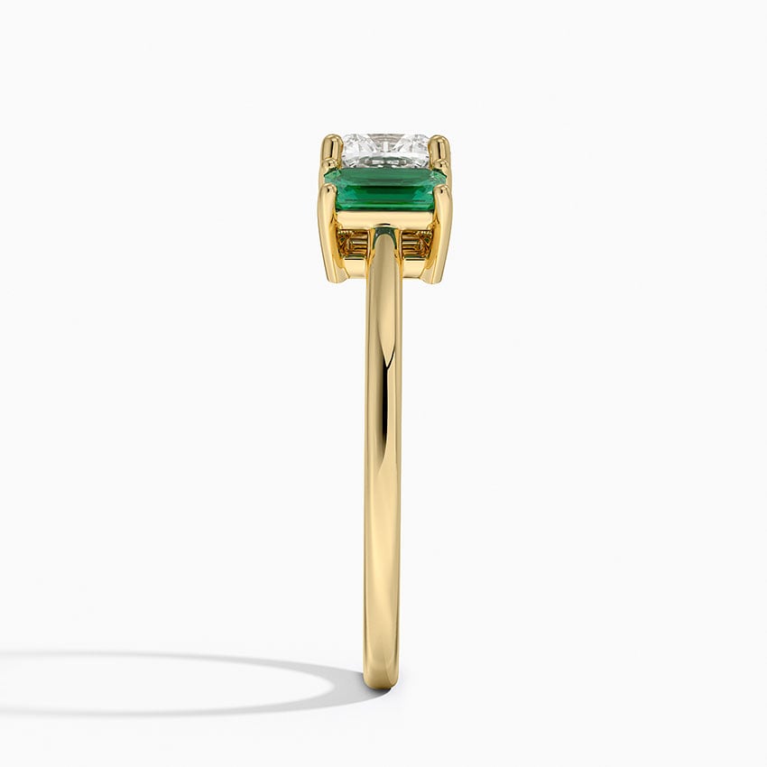 Luxe Rhiannon Three Stone Lab Emerald Ring Yellow Gold 18k Cushion Engagement Ring