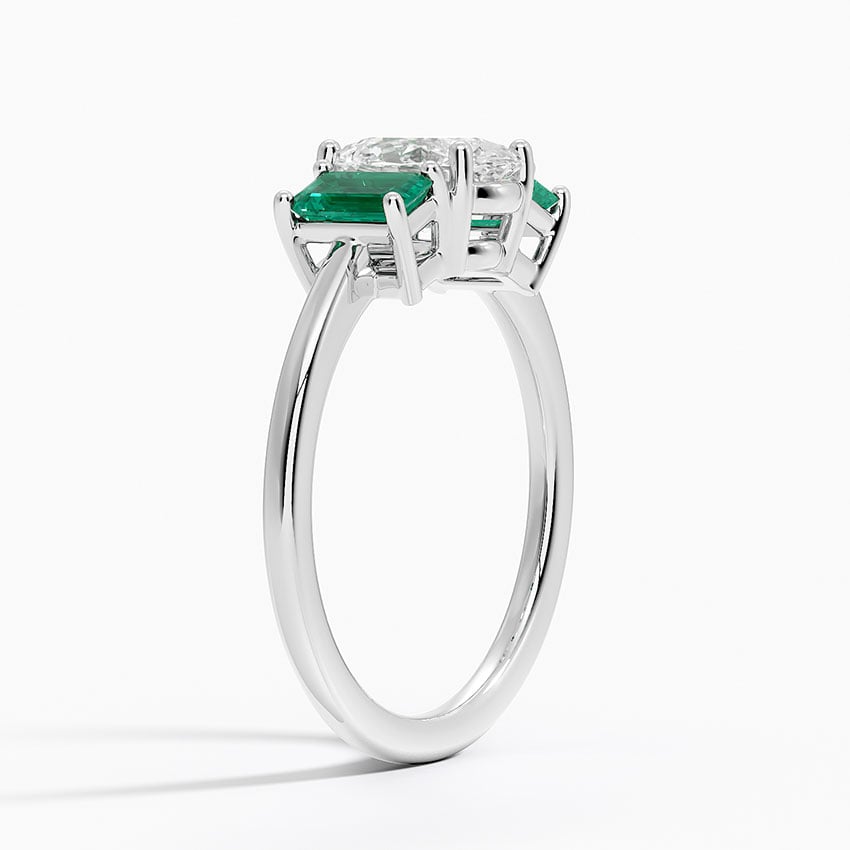 Luxe Rhiannon Three Stone Lab Emerald Ring Platinum Oval Engagement Ring