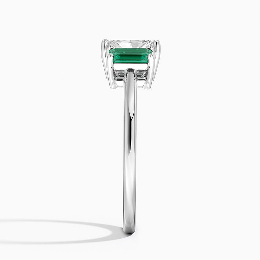 Luxe Rhiannon Three Stone Lab Emerald Ring Platinum Radiant Engagement Ring