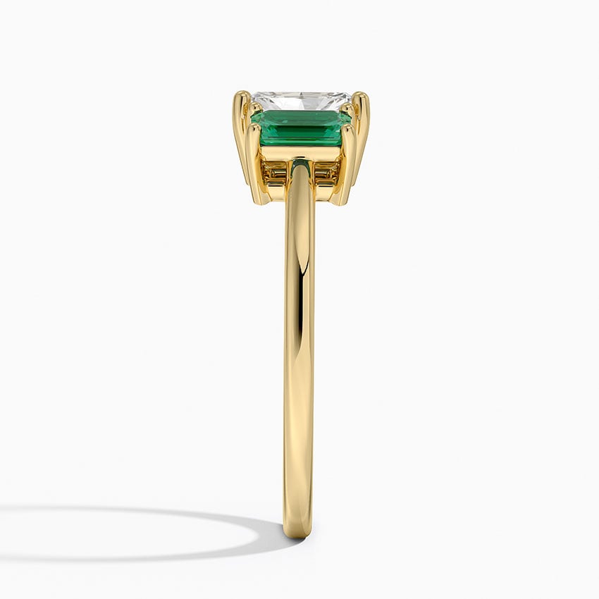 Luxe Rhiannon Three Stone Lab Emerald Ring Yellow Gold 18k Radiant Engagement Ring