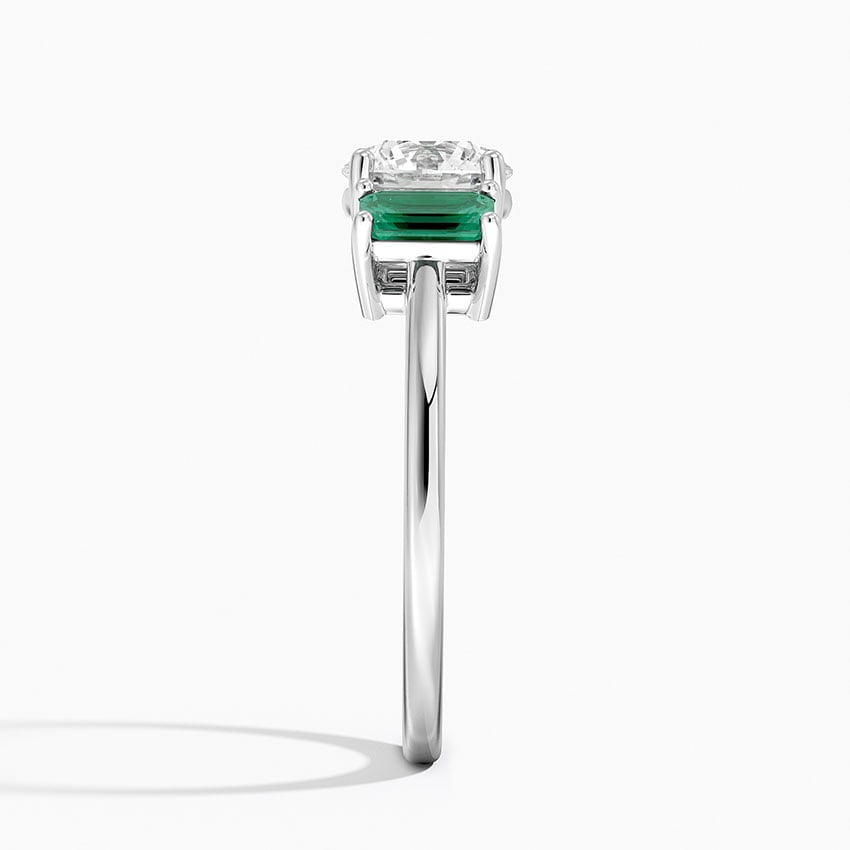 Luxe Rhiannon Three Stone Lab Emerald Ring Platinum Round Engagement Ring