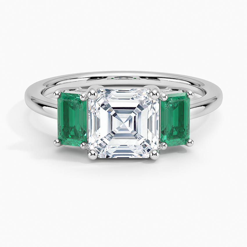 Luxe Rhiannon Three Stone Lab Emerald Ring Platinum Asscher Engagement Ring