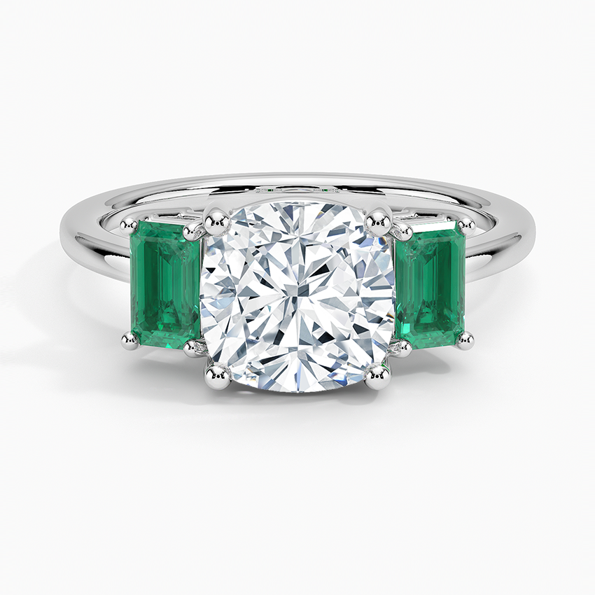 Luxe Rhiannon Three Stone Lab Emerald Ring Platinum Cushion Engagement Ring