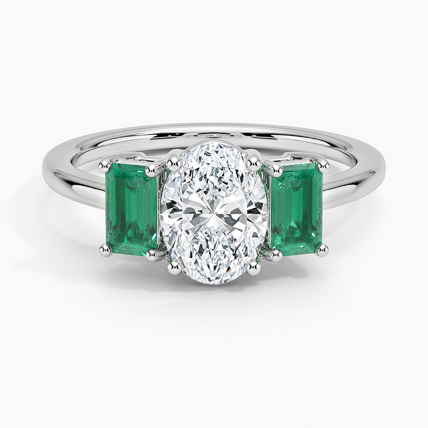 Luxe Rhiannon Three Stone Lab Emerald Ring Platinum Oval Engagement Ring