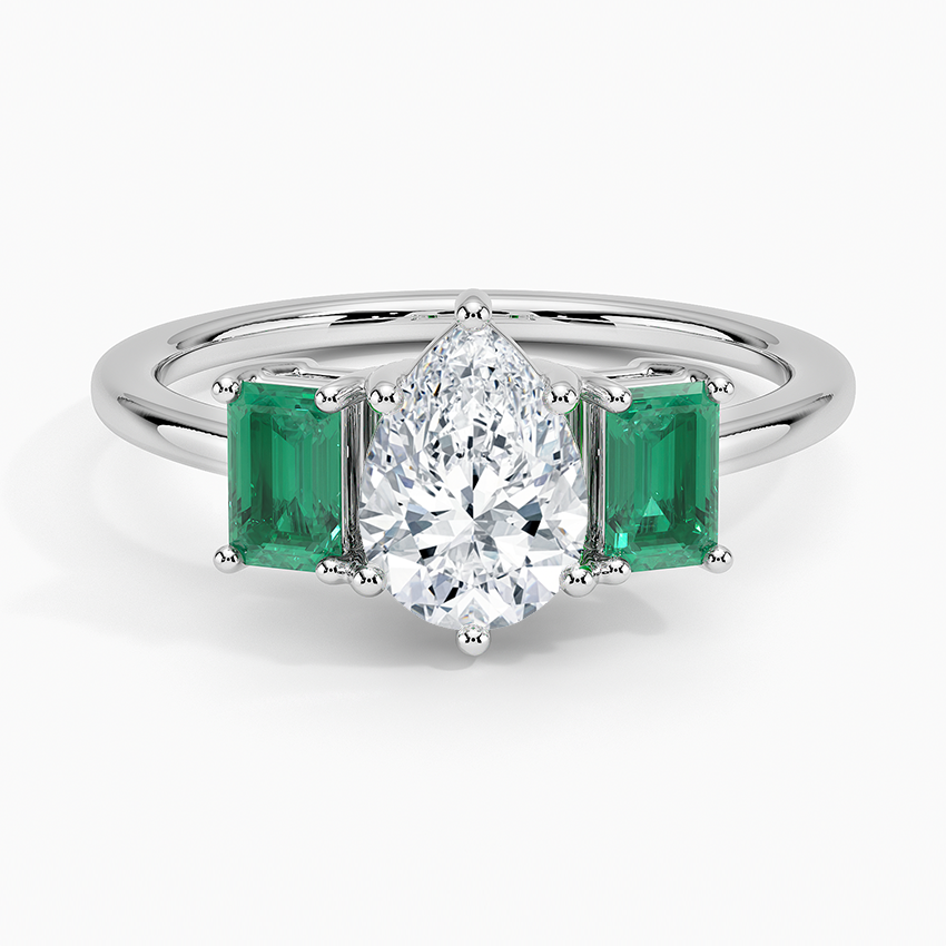 Luxe Rhiannon Three Stone Lab Emerald Ring Platinum Pear Engagement Ring