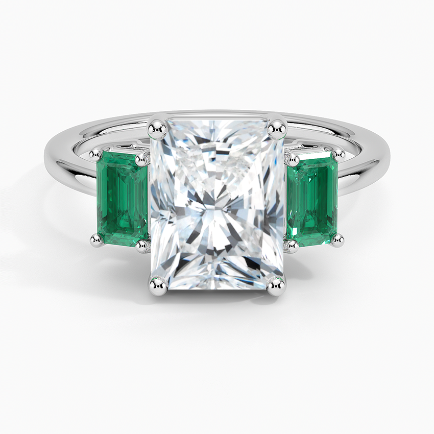 Luxe Rhiannon Three Stone Lab Emerald Ring Platinum Radiant Engagement Ring