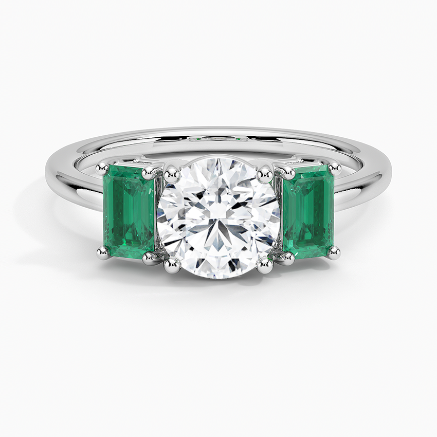 Luxe Rhiannon Three Stone Lab Emerald Ring Platinum Round Engagement Ring