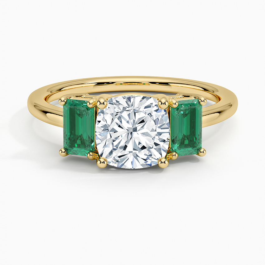 Luxe Rhiannon Three Stone Lab Emerald Ring Yellow Gold 18k Cushion Engagement Ring