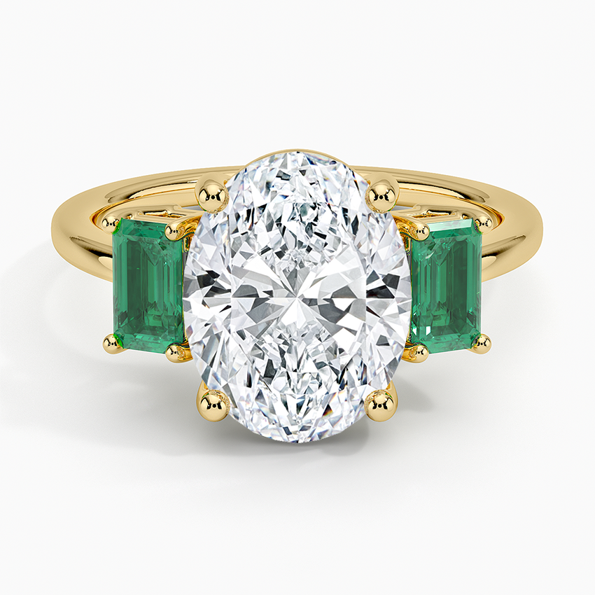 Luxe Rhiannon Three Stone Lab Emerald Ring Yellow Gold 18k Oval Engagement Ring