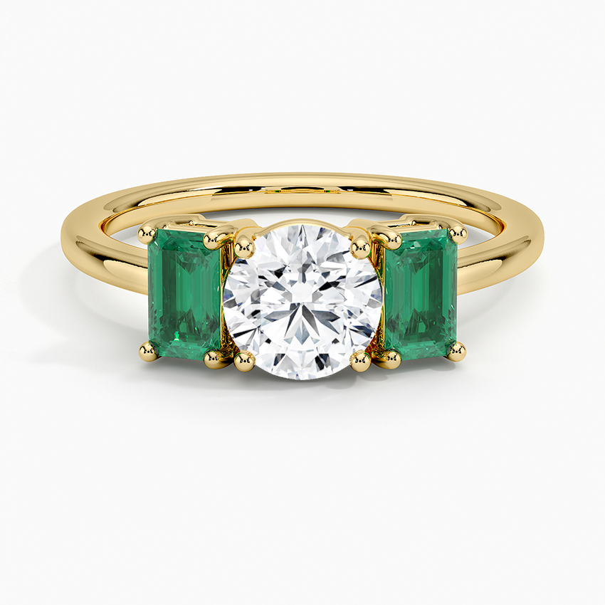 Luxe Rhiannon Three Stone Lab Emerald Ring Yellow Gold 18k Round Engagement Ring
