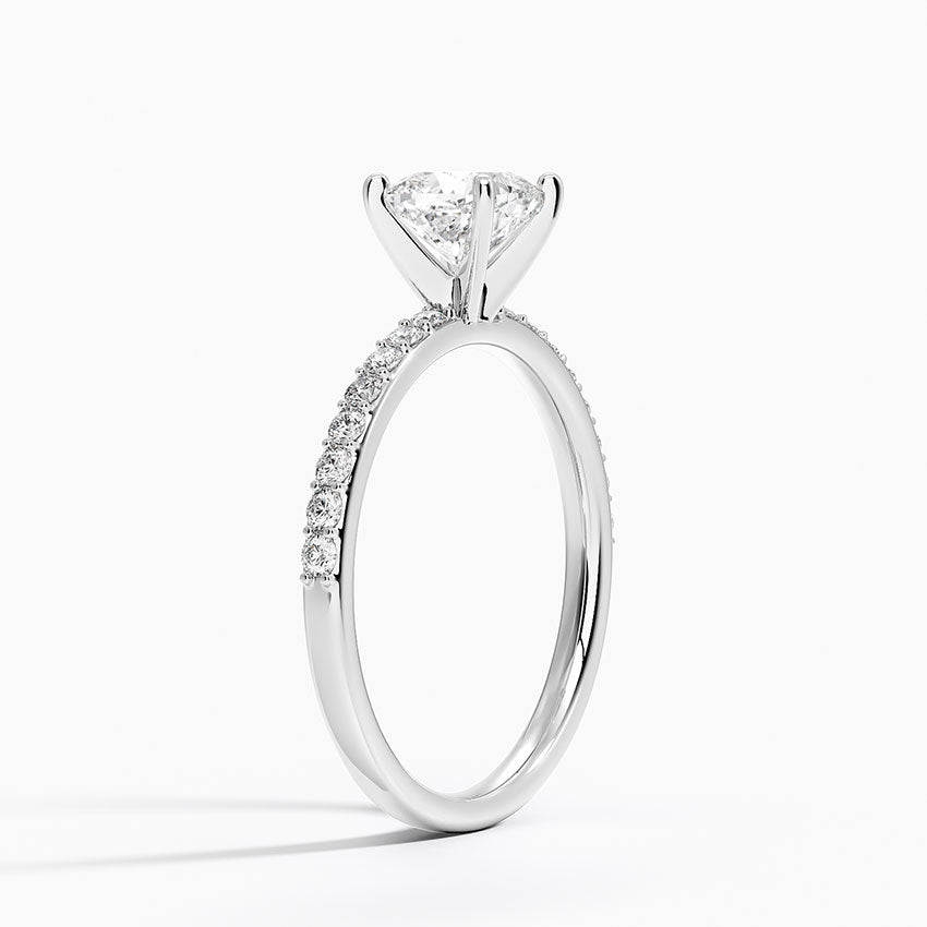 Petite Shared Prong Half Coverage Diamond Ring Platinum Cushion Engagement Ring