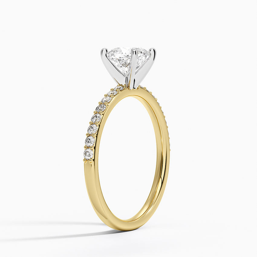 Petite Shared Prong Half Coverage Diamond Ring Yellow Gold 18k Cushion Engagement Ring