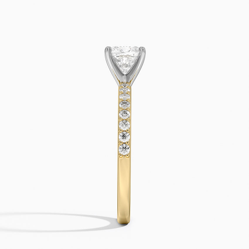Petite Shared Prong Half Coverage Diamond Ring Yellow Gold 18k Cushion Engagement Ring