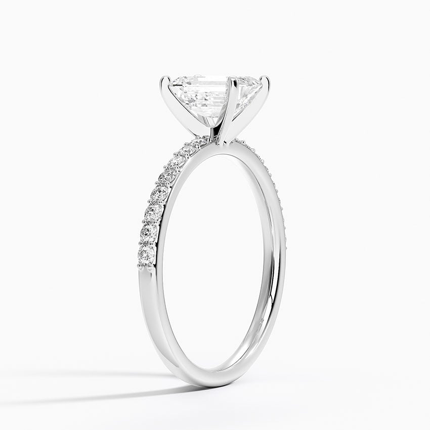 Petite Shared Prong Half Coverage Diamond Ring Platinum Emerald Engagement Ring