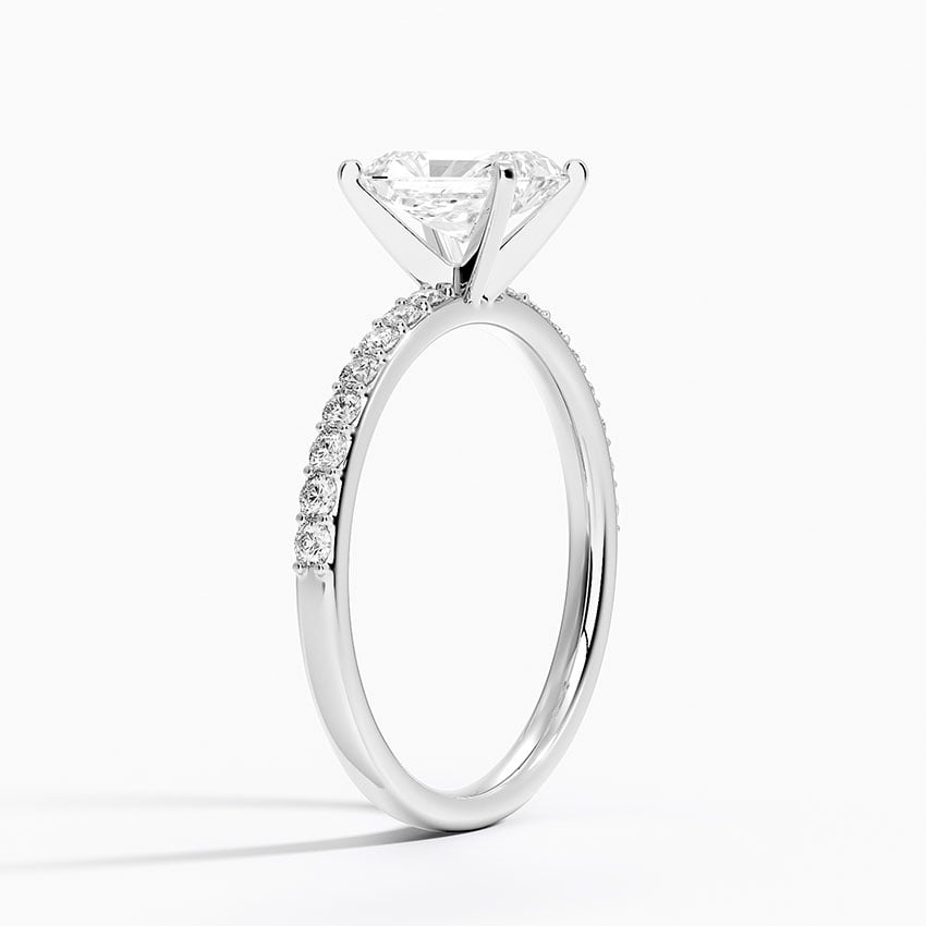 Petite Shared Prong Half Coverage Diamond Ring Platinum Radiant Engagement Ring