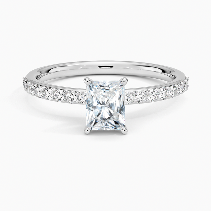 Petite Shared Prong Half Coverage Diamond Ring Platinum Radiant Engagement Ring