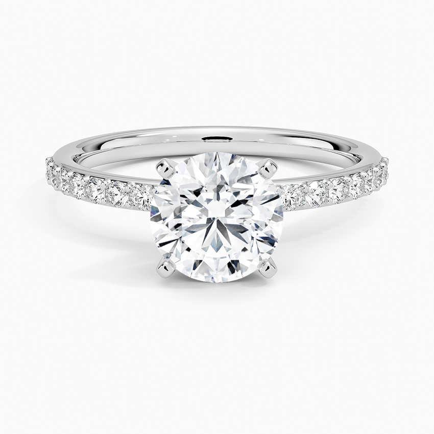Petite Shared Prong Half Coverage Diamond Ring Platinum Round Engagement Ring