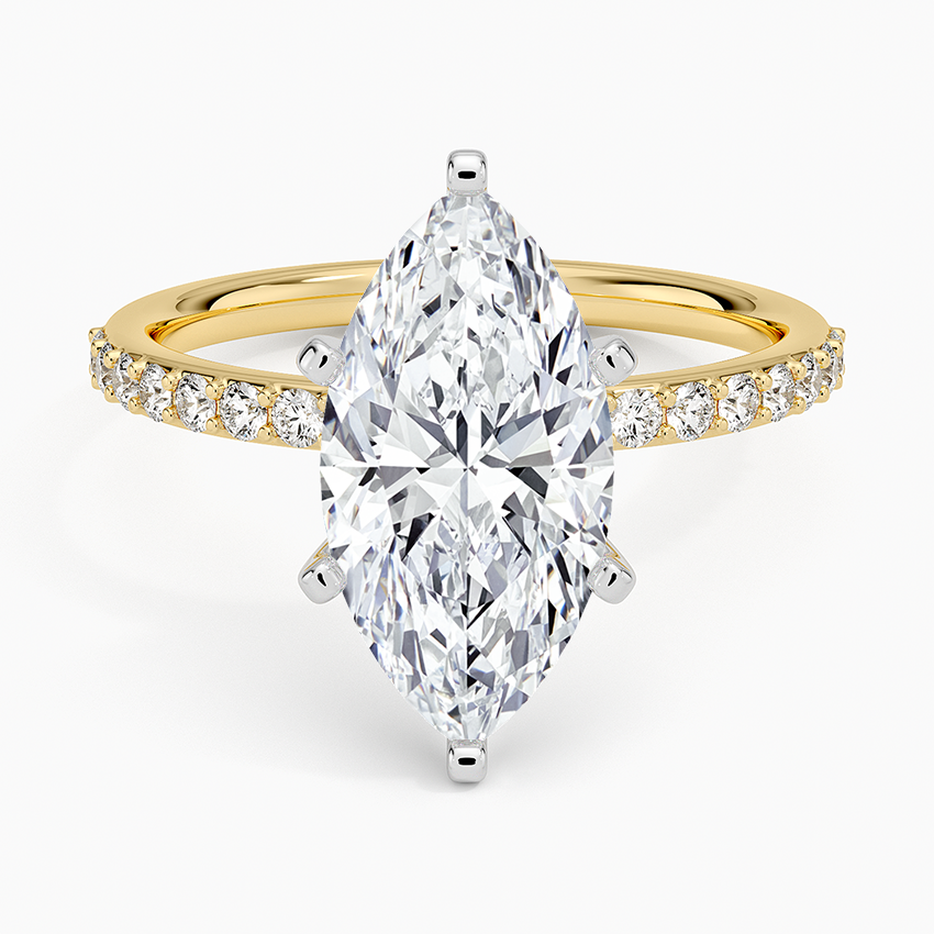 Petite Shared Prong Half Coverage Diamond Ring Yellow Gold 18k Marquise Engagement Ring