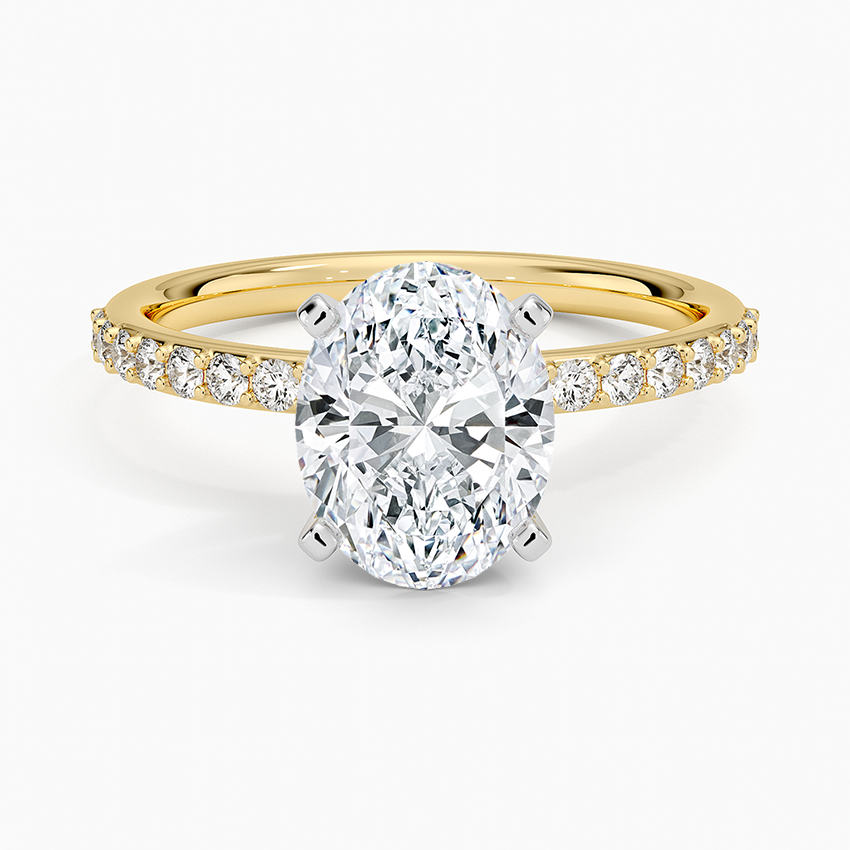 Petite Shared Prong Half Coverage Diamond Ring Yellow Gold 18k Oval Engagement Ring