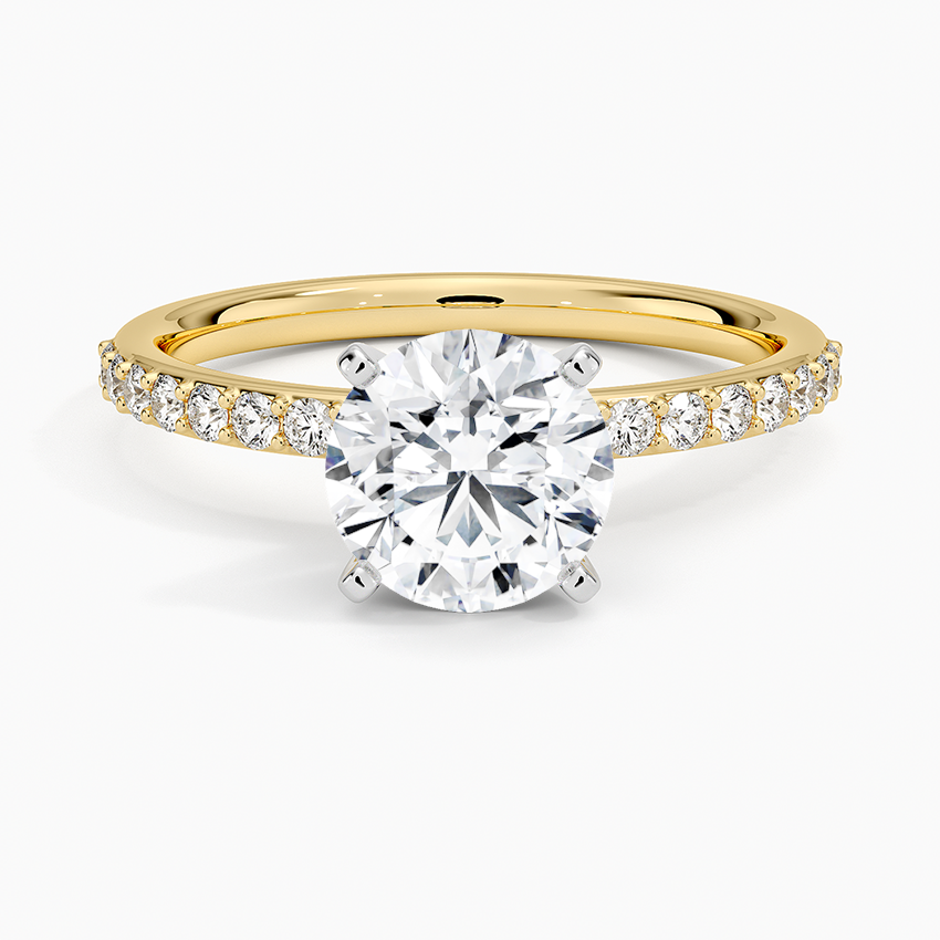 Petite Shared Prong Half Coverage Diamond Ring Yellow Gold 18k Round Engagement Ring