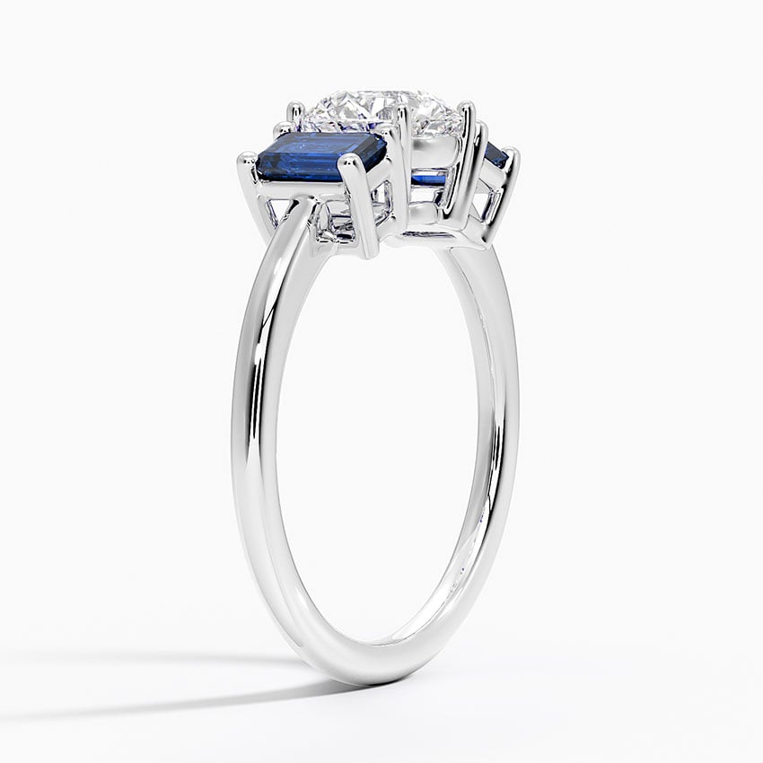 Luxe Rhiannon Three Stone Sapphire Ring Platinum Round Engagement Ring