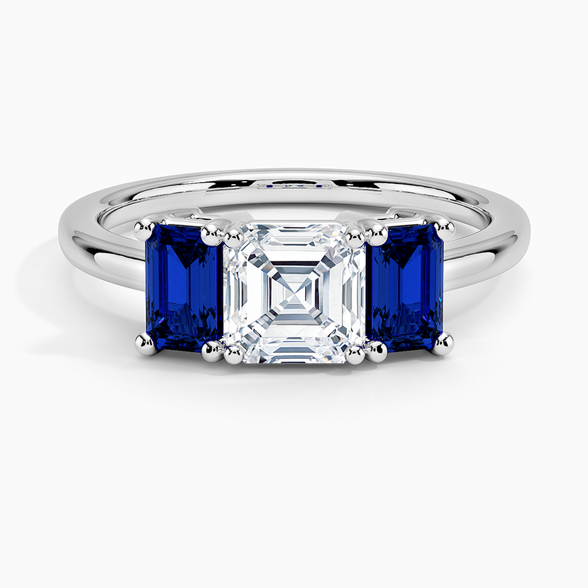 Luxe Rhiannon Three Stone Sapphire Ring Platinum Asscher Engagement Ring