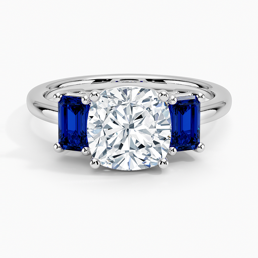 Luxe Rhiannon Three Stone Sapphire Ring Platinum Cushion Engagement Ring
