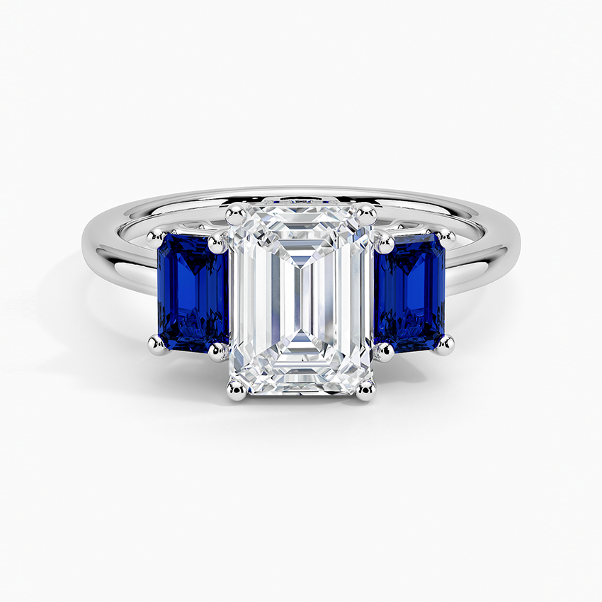 Luxe Rhiannon Three Stone Sapphire Ring Platinum Emerald Engagement Ring