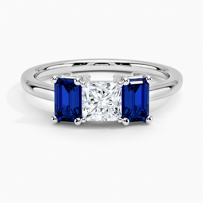 Luxe Rhiannon Three Stone Sapphire Ring Platinum Princess Engagement Ring
