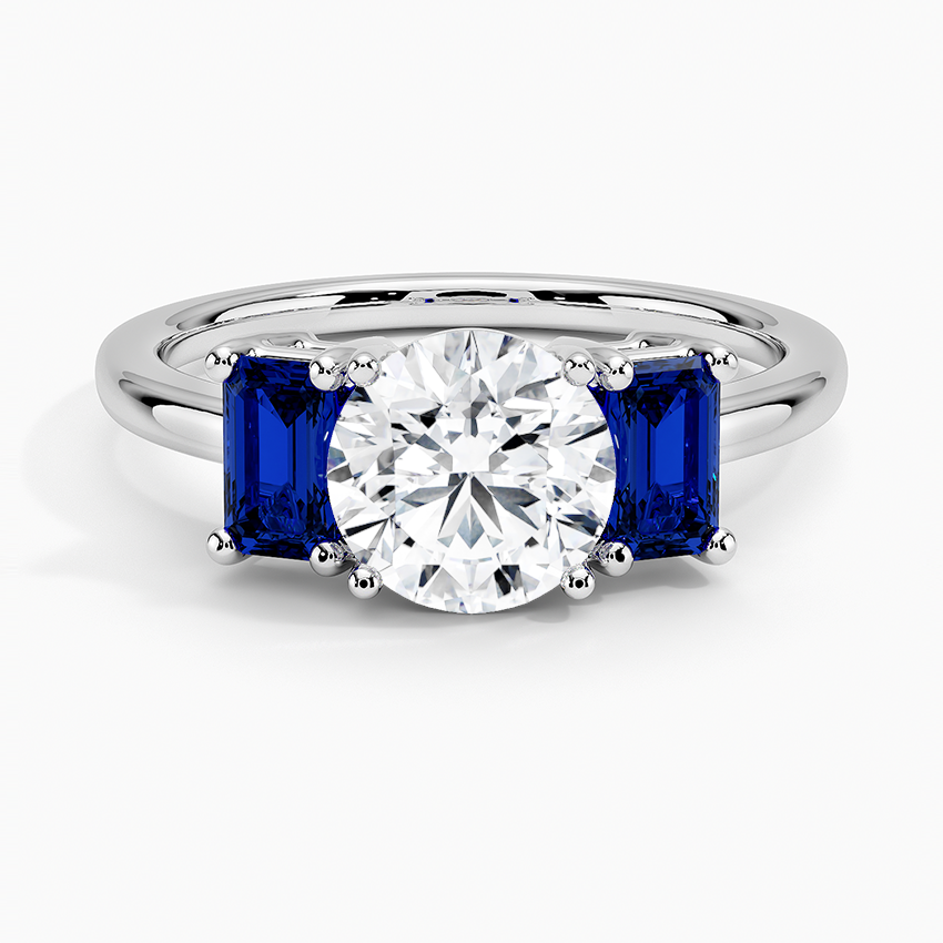 Luxe Rhiannon Three Stone Sapphire Ring Platinum Round Engagement Ring